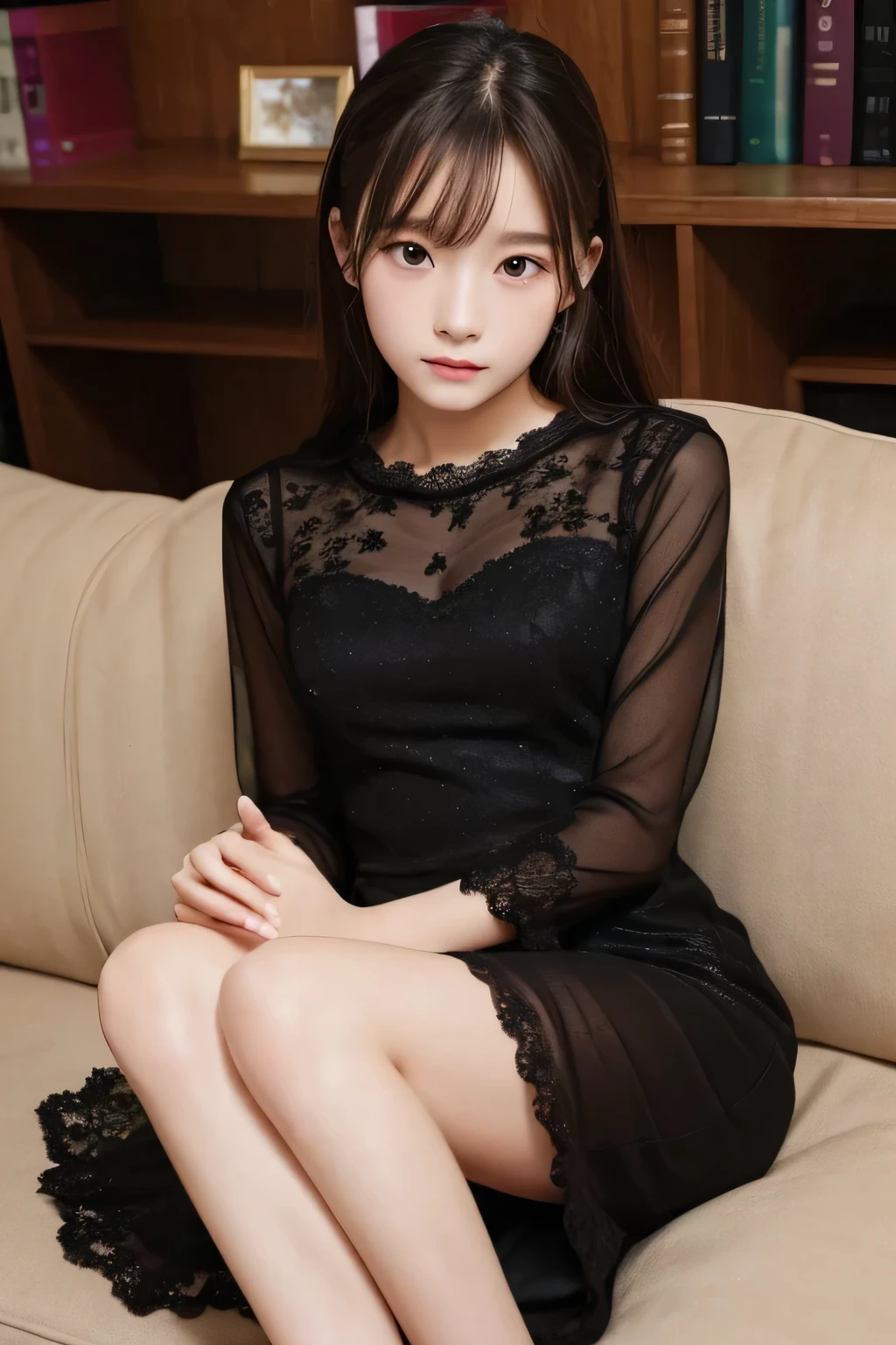 ((highest quality)), ((Photo quality)), (detailed), Perfect Face,,sofa,Thin,Black Dress