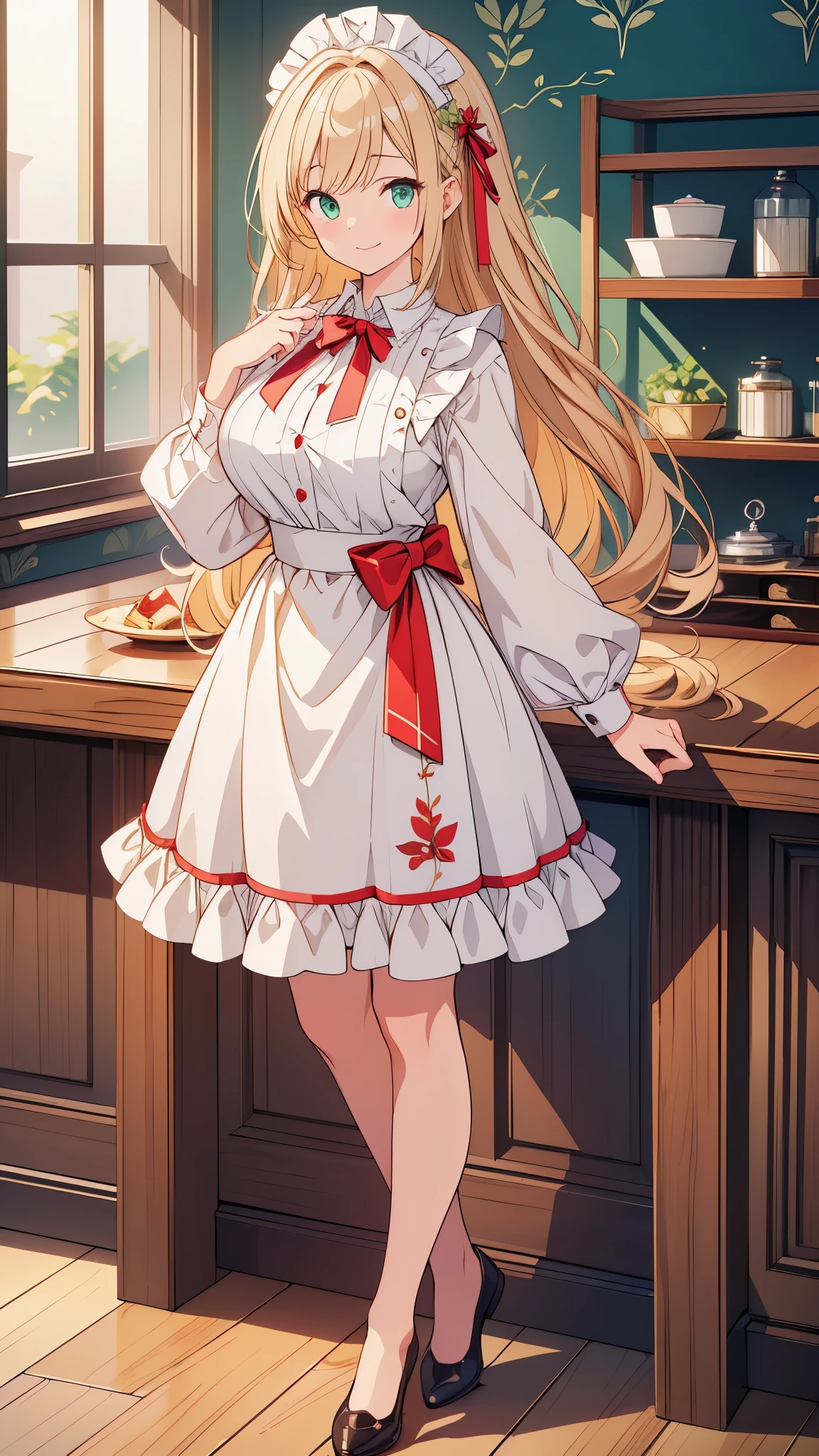 ((masterpiece, highest quality, Absurd, High resolution, Super detailed, High resolution, Very nice 8K CG wallpaper)), 1 girl, alone, Long Hair, Blonde, Green Eyes, Swept-apart bangs, hair ornaments, smile, :is, Large Breasts, Half Apron, hairpin, White shirt, Green Skirt, Brown shoes, Via waitress, Via, Nice hands, Perfect hands,