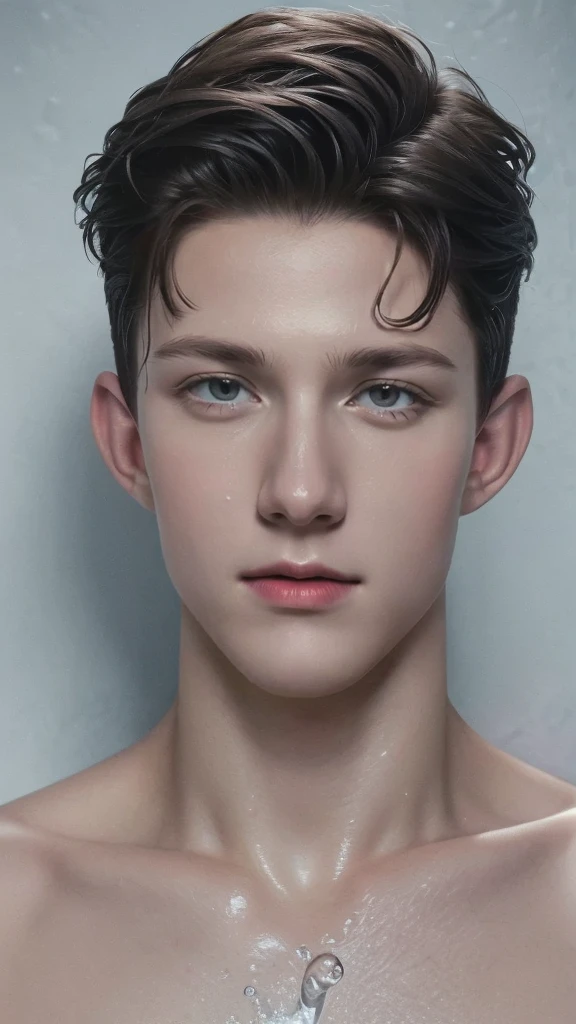 Handsome potrait of tom holland for adult magazine, hyper detail, ultra HD face, wet face with many water drop, magazine cover concept,black eyes, skin with spingkle, sensual lips, shirtless, grey wall, army style