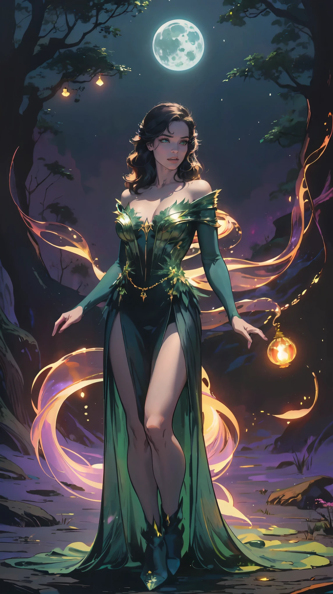(best quality,4k,8k,highres,masterpiece:1.2),ultra-detailed,(realistic,photorealistic,photo-realistic:1.37), portrait, sorceress, moonlight, pumpkin, eerie glow, spooky, atmospheric, enchanting, dark and enchanting, golden hour, Halloween, mystical, magical, witch, sorcery, spellbinding, ethereal, mystical fog, mysterious, haunting, shadowy figures, enchanting forest, bewitching, moonbeam, mystical aura, bewitching green eyes, captivating, otherworldly, witchcraft, moonlit sky, enchanted evening, sorceress's lair, bewitched pumpkin, moonlit silhouette, mystical powers, mysterious atmosphere, spellcaster, moonlit magic, hauntingly beautiful, enchantment in the air, ethereal beauty, wearing emerald bewitch green dress, (full body)
