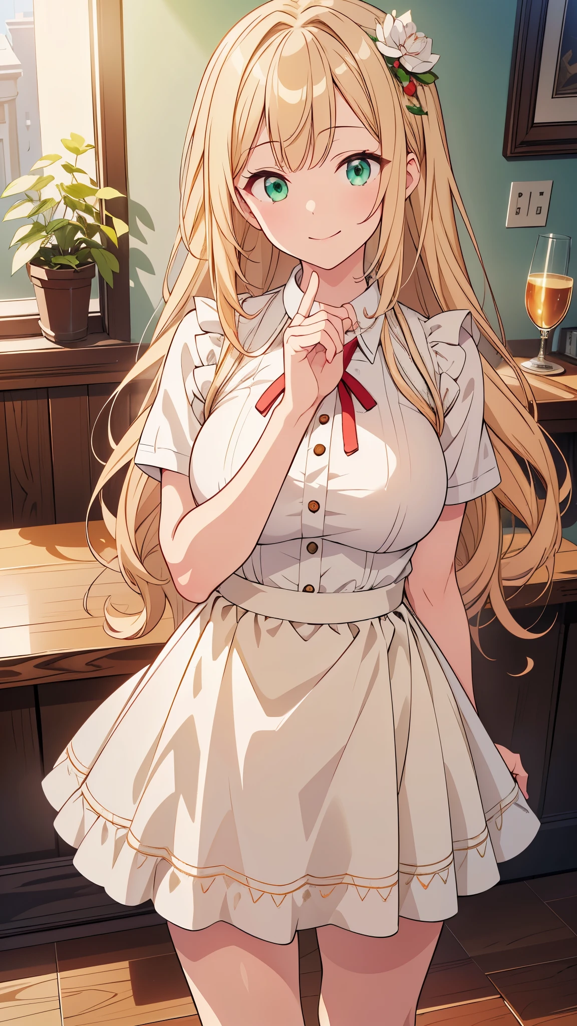 ((masterpiece, highest quality, Absurd, High resolution, Super detailed, High resolution, Very nice 8K CG wallpaper)), 1 girl, alone, Long Hair, Blonde, Green Eyes, Swept-apart bangs, hair ornaments, smile, :is, Large Breasts, Half Apron, hairpin, White shirt, Green Skirt, Brown shoes, Via waitress, Via, Nice hands, Perfect hands,
