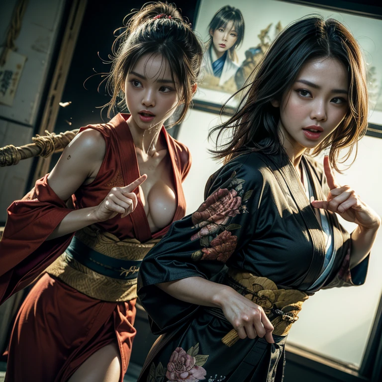 Japanese-style erotic fantasy、An incredibly beautiful with supernatural powers、(Correct Anatomy:1.4)、(Anatomically correct fingers:1.4)、(I reach orgasm every time I use the power of the Japanese god:1.6)、(A revealing kimono:1.3)、(Cleansing Staff)、(Realistic battle scenes:1.6)、(motion blur effect:1.An endless battle by 4)、Dynamic Action、Visualize the aura emanating from your entire body、 Dynamic Angle