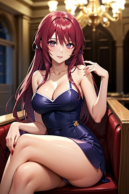 (8K、top-quality、masterpiece:1.2)、(realisitic、ultra-detailliert、超A high resolution,beautifull detailed face,perfect body,beautiful clavicle,perfect lighting,constriction,beautiful detailed skin,skin texture,(1girl),(evening dress,a line dress,blue dress:1.0),sitting a chair,crossing legs ,(long hair,chigon hair:1.2, red hair, purple eyes,large breasts,slim weist,large ass,make up),beautiful scene,professional lighting,midnight,in party venue, masquerade ball, candlestick, chandelier ,classic band,crowd,fluffy hair,flufiy skirt,lovely smile,calm,cute and beautify face,shiny skin,sexial attractive,erotic