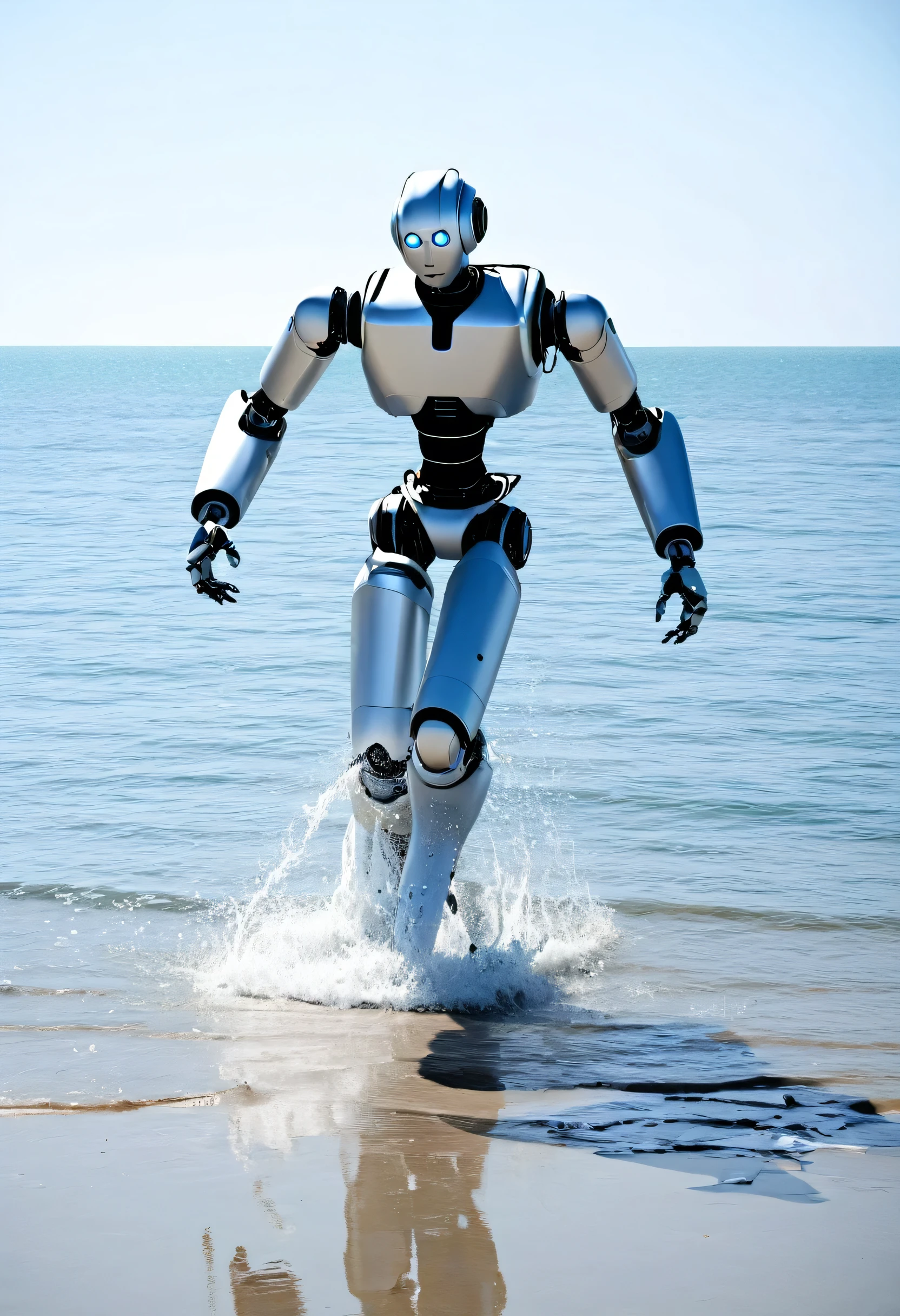 Create an image of a robot walking up from the sea.