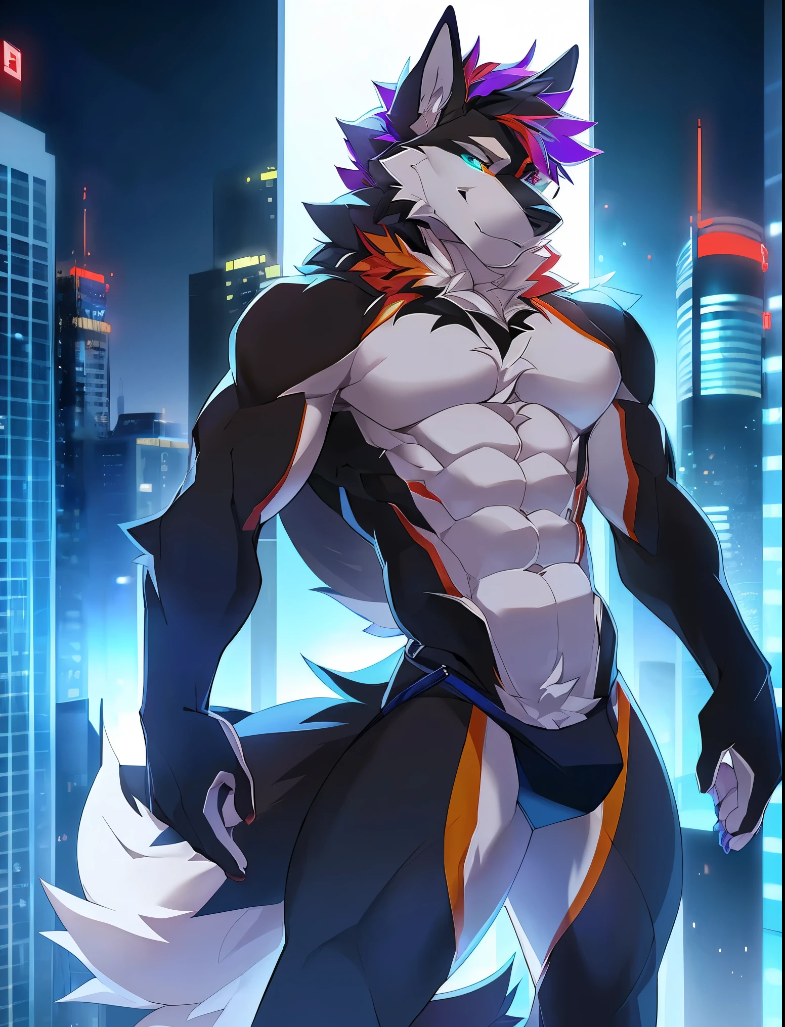 ((Solo)), male people, anthro wolf, (Multi-colored fur, White tail pointed), (Height 3meters,Tail length 2meters), Abs, pinginuscular, A long big tail, by patto, modern city