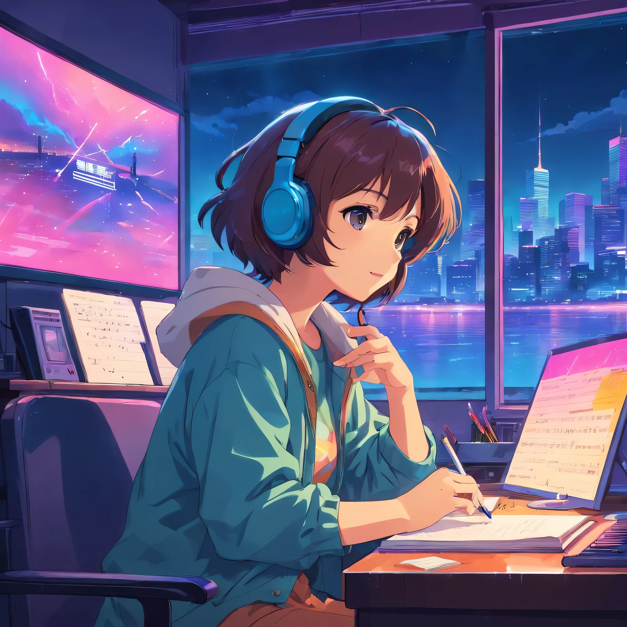 (praise), A little bear studying hard at his desk, Put on your headphones, Night Light, Neon scenery on a rainy day seen from the window,Analog Color Theme, Lo-fi hip hop , flat, 2.5D ,Line art, Ink drawing, Large gradient, Watercolor, Gouache color, Great colorful, amount of sales, Synthwave, praise art,90s Style,Old Texture, amplitude,90s vibe, Tabletop, Great skills