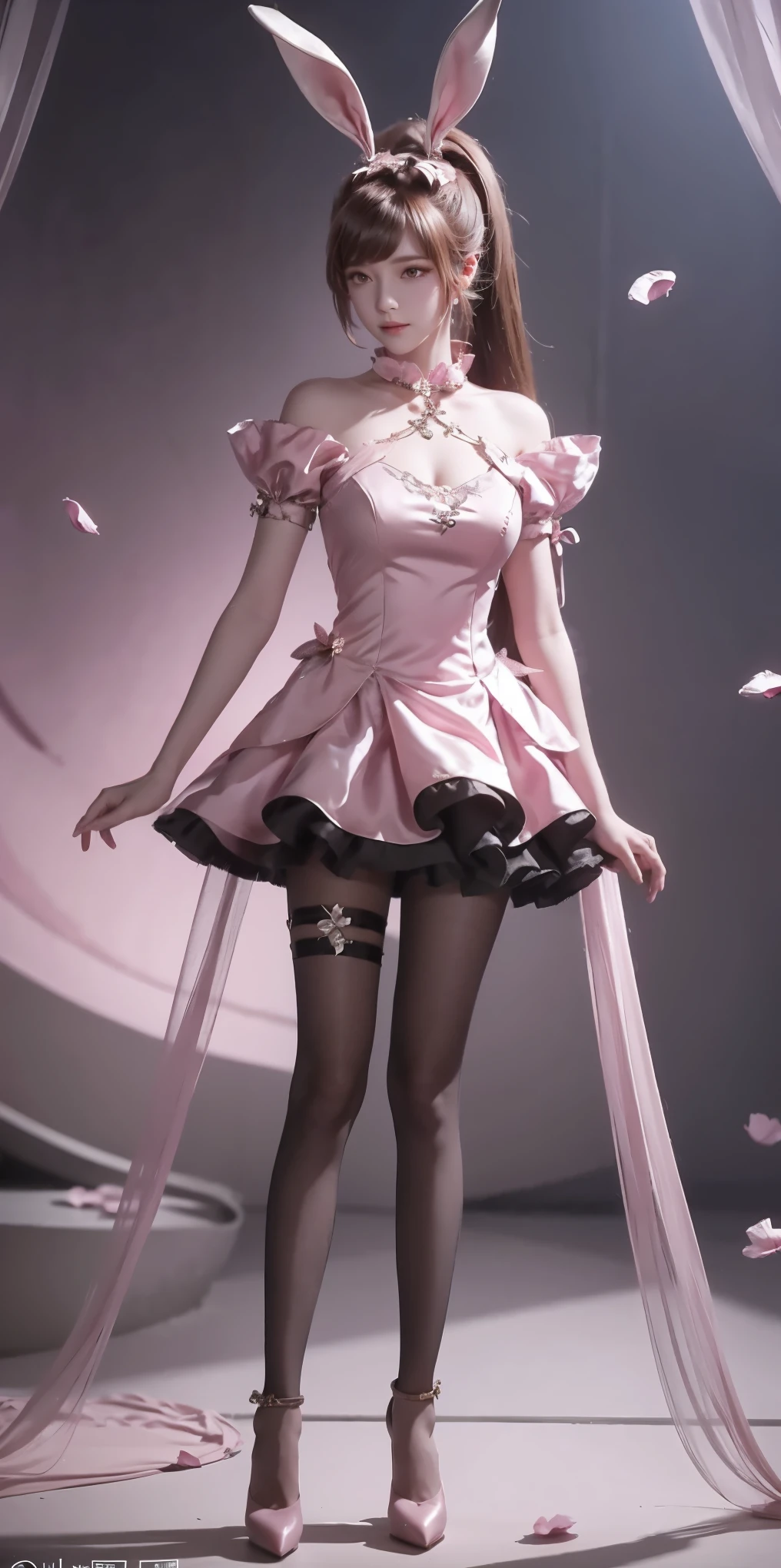 full body，1girl, solo, animal ears, rabbit ears, ponytail, petals, dress, falling petals, brown hair, pink dress, long hair, high heels, very long hair, metal collar, collar, breasts, bare shoulders, medium breasts, pantyhose, closed mouth, hair ornament, looking to the side