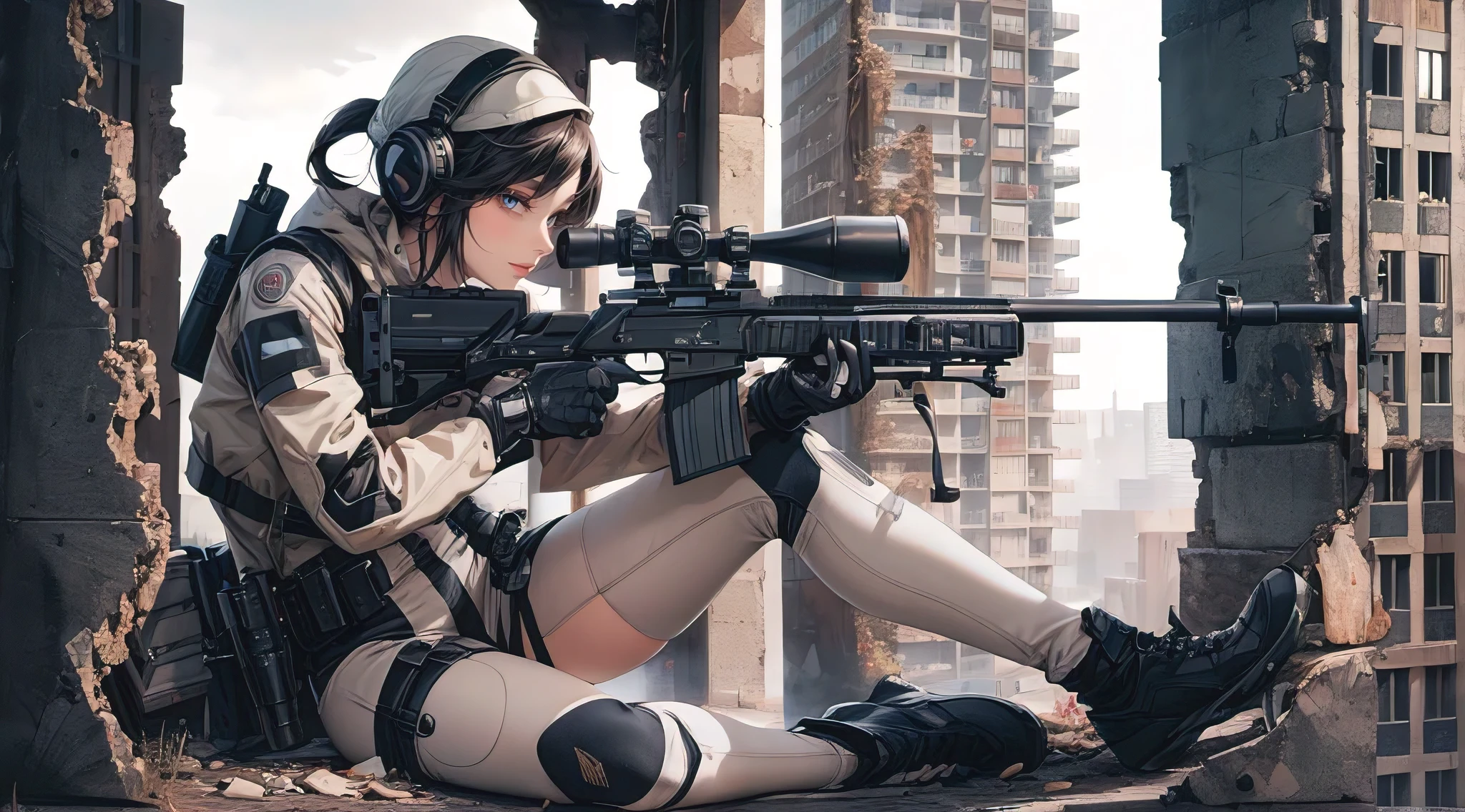 A stunningly detailed and photorealistic image of a beautiful, busty woman in a mercenary techwear outfit, acting as a sniper. She is seated in a strategic position within the ruins of a highrise building, cleverly concealed from view. Her semi-futuristic modern sniper rifle is equipped with state-of-the-art technology, and she is intently looking through the scope to acquire her target below. The overall atmosphere of the image is a blend of urban decay and high-tech sophistication, with a touch of anime-inspired aesthetics., anime