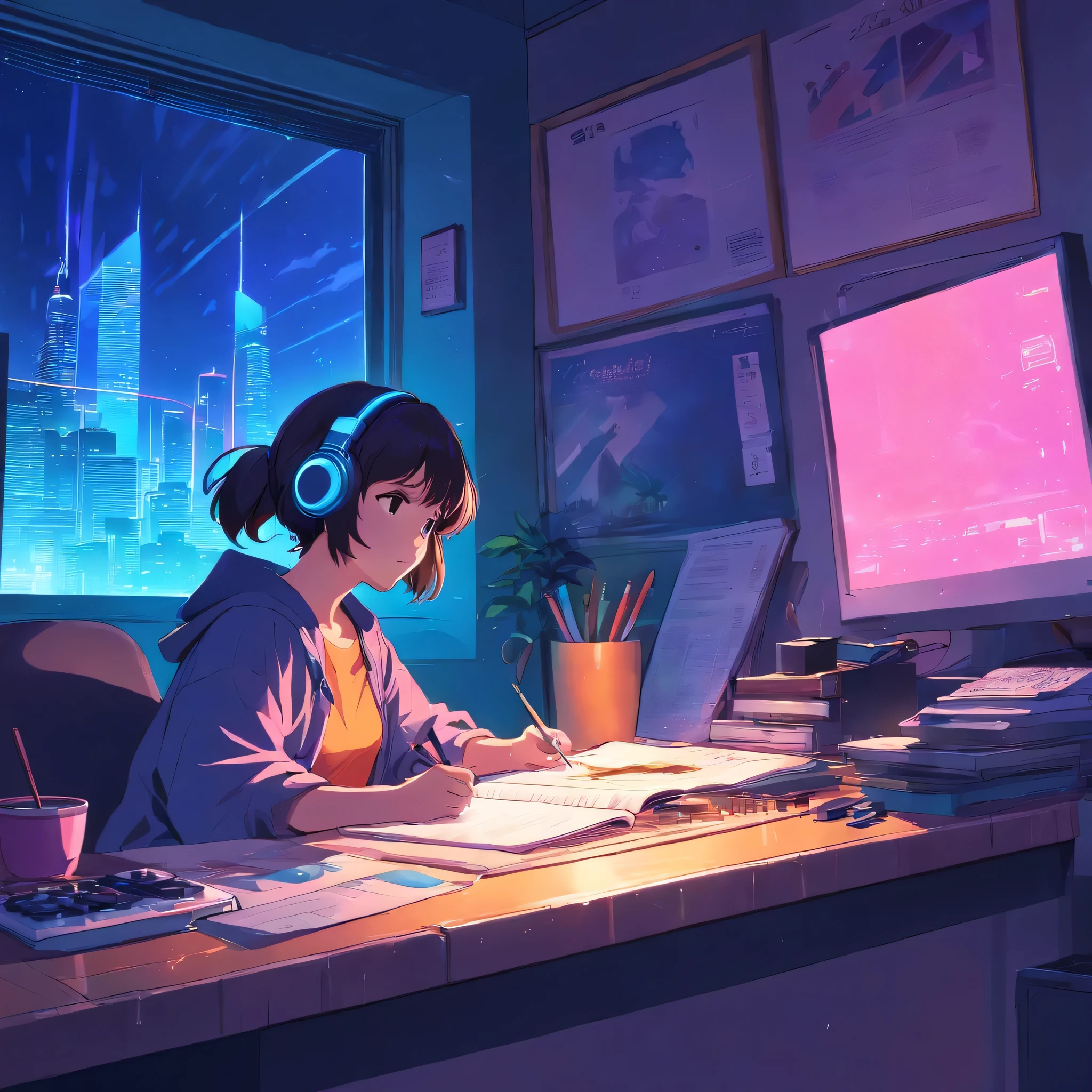 (praise), A little bear studying hard at his desk, Put on your headphones, Night Light, Neon scenery on a rainy day seen from the window,Analog Color Theme, Lo-fi hip hop , flat, 2.5D ,Line art, Ink drawing, Large gradient, Watercolor, Gouache color, Great colorful, amount of sales, Synthwave, praise art,90s Style,Old Texture, amplitude,90s vibe, Tabletop, Great skills