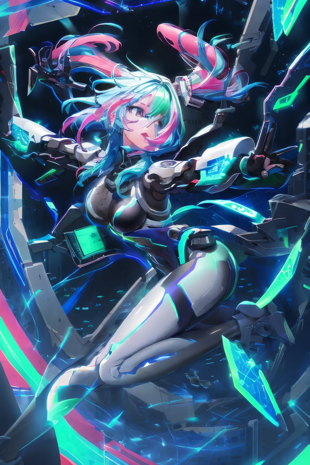 Cyberpunk, Pink Hair, Futurism, Surreal, Ultra wide angle, Wide-angle lens, look up, Dynamic Movement, expressive, Energetic, Sacred Edge of Cinema, Laser holographic pictures