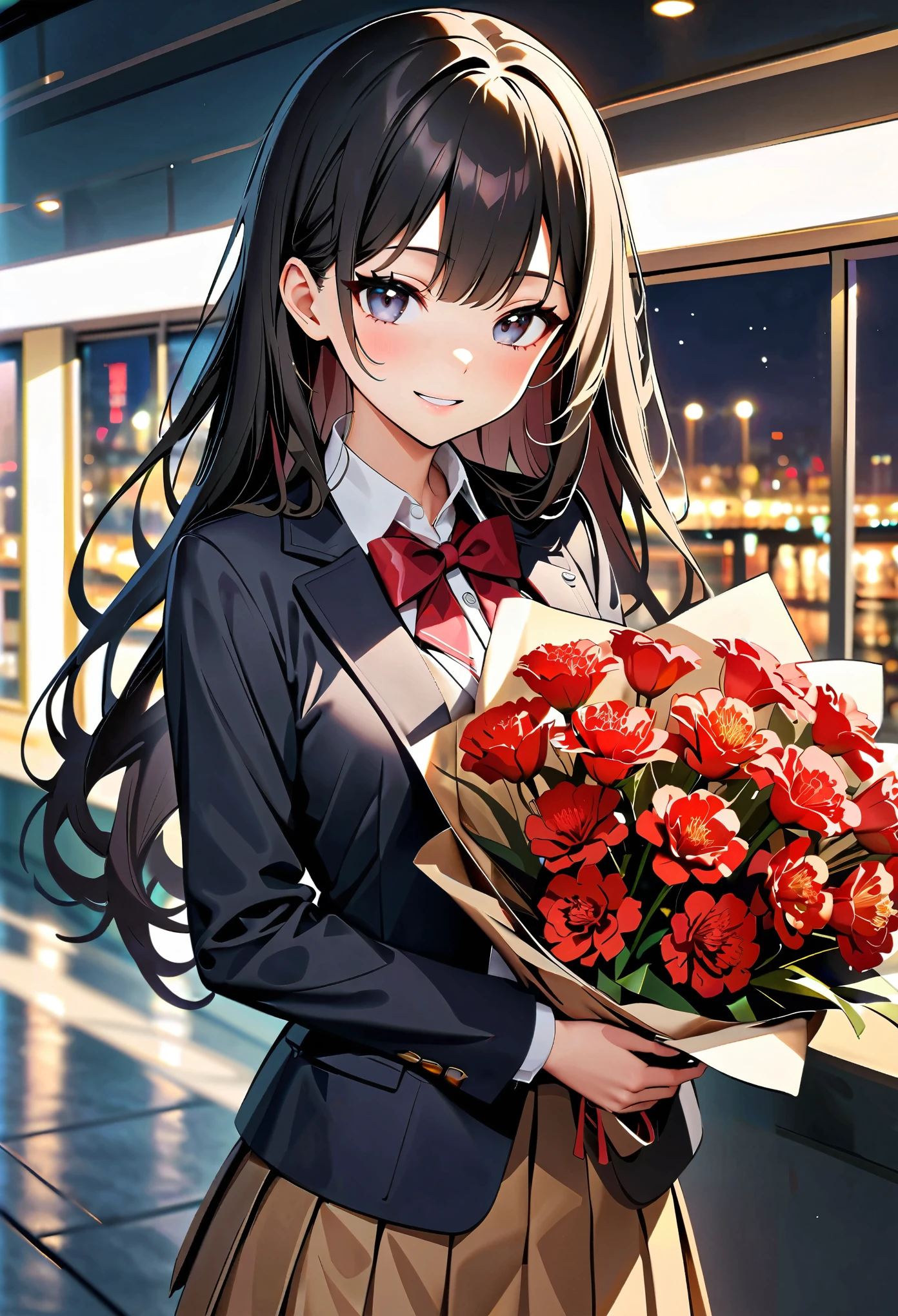 (highest quality:1.2, Very detailed, Ultra-high resolution, masterpiece:1.2, highest quality, Best aesthetics), (((1 girl))), Beautiful woman, , jk, blazer, Collared shirt with red ribbon, Pleated skirt, (Black Hair, Long Wavy Hair, Silver Eyes, Spread your arms), Reflection of light, translucent, Fascinating, smile, Watery eyes, Detailed eyes, Delicate, dream-like, Surreal, ((Bouquet of carnations)), Soft Light, Elegant gestures, Shallow depth of field, Bokeh:1.2.