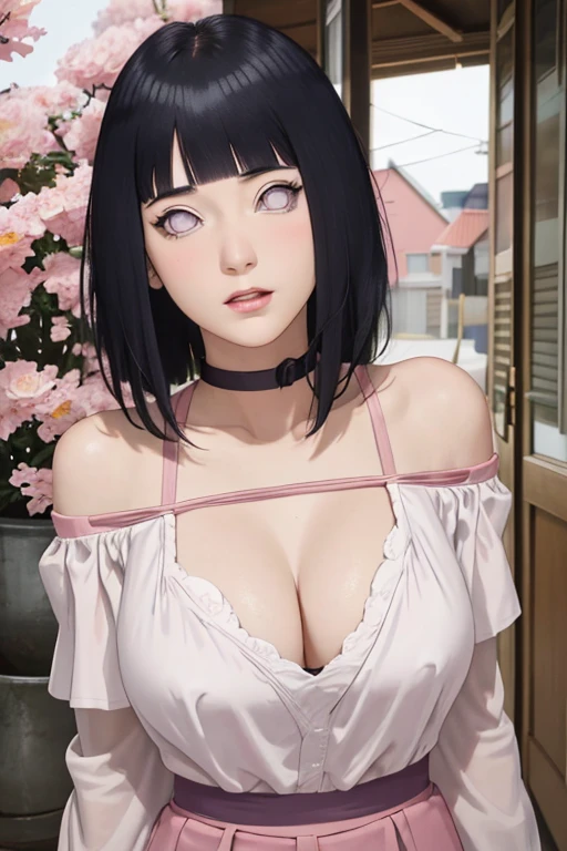 masterpiece, absurdres, hinata\(boruto\), 1girl, solo,mature female, off-shoulder strap bra, high waist short skirt, looking at viewer, (falling petals), perfect composition, detailed lips, big breast, beautiful face, body propotion, blush, (pink lips), long hair,  purple eyes,  soft gaze,  super realistic, detailed, photoshoot, realistic face and body,