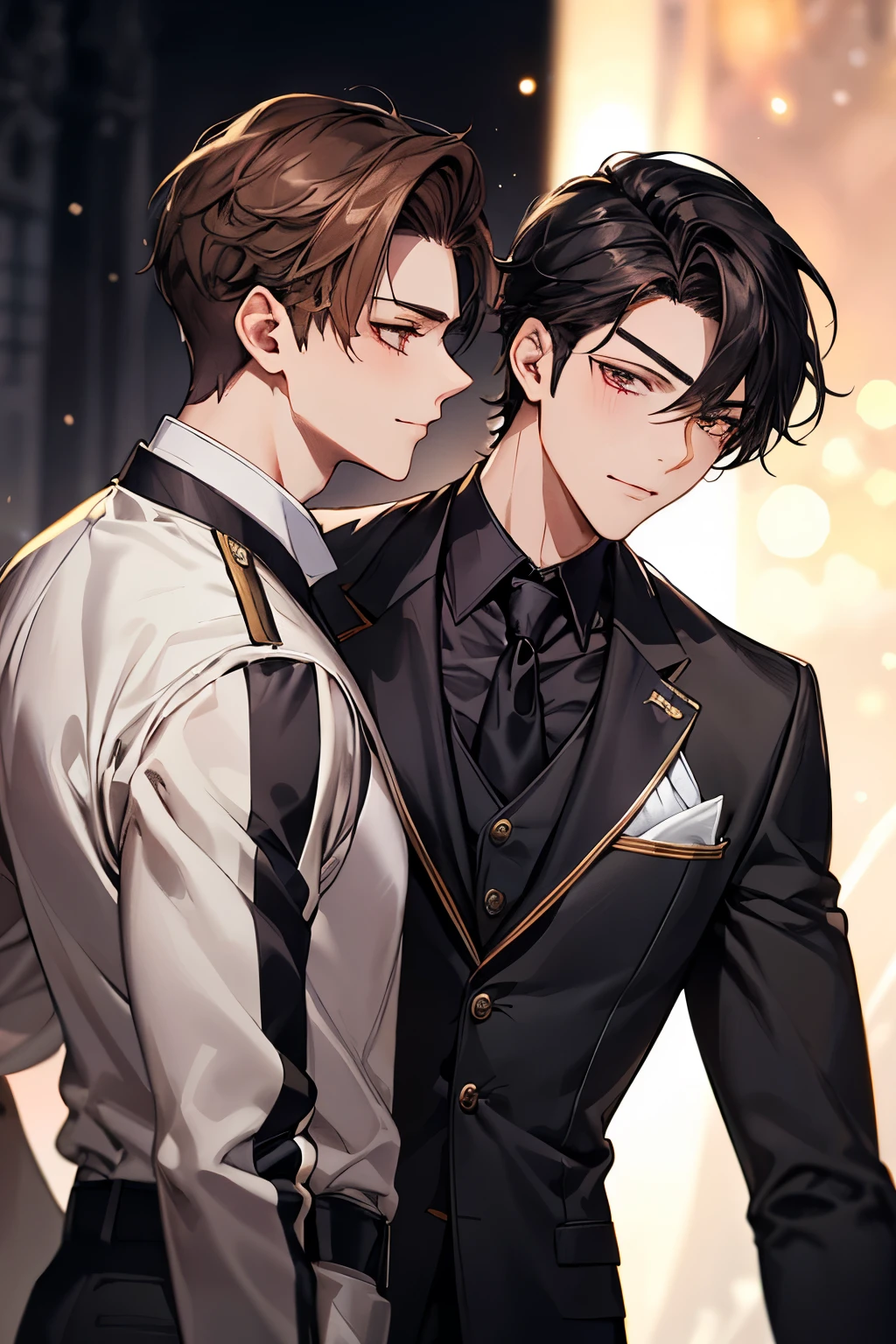 2hommes, mise au point du visage, 1 adult costume black hair light skin buff body eyes dark tall muscular muscles , 1 ager 18 years old school suit brown hair very white skin brown eyes , best quality, facial detail, detail background, fond bokeh, deux jeunes hommes, a brown hair high school student, and the other black hair muscular bodyguard, represents a forbidden relationship with two men