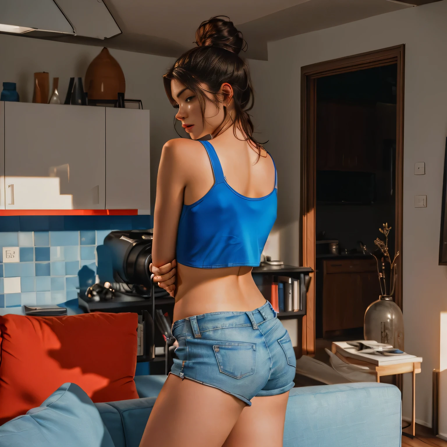 there is a woman standing in a living room with a remote control, in blue shorts and a red tank top, side shot, thick thighs, back view, pov shot, side portrait, looking from the side, full body wide shot, red sports bra and dark blue shorts, wearing blue shorts and a red t-shirt, waist shot, side shot, side profile shot, back shot, side view, big thighs, masterpiece, 16K. Sharp photo, high quality, high resolution (ultra quality masterpiece), Ultra HD, high contrast, 16K. Masterpiece: 1.3, high resolution, (photographically realistic), NUDE, NUDITY, NFSW.