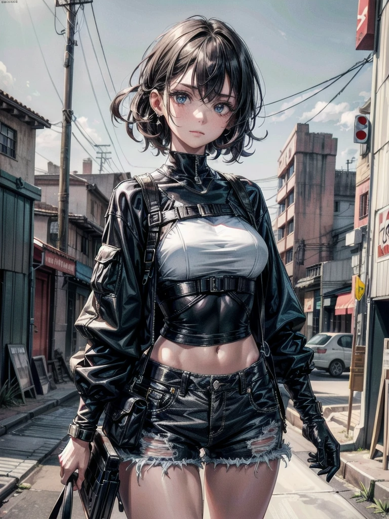 whole body, gunman attire, post apocalyptic desert city, absurdres, RAW photo, extremely delicate and beautiful, masterpiece, Best Quality, ultra high resolution, 32k, hyperrealistic, ultra-detailed, detailed description, pale skin, 20 years old, detailed beautiful face and eyes, tearful mole, earring, Colossal tits, short medium hair, wavy hair, midriff, shorts,