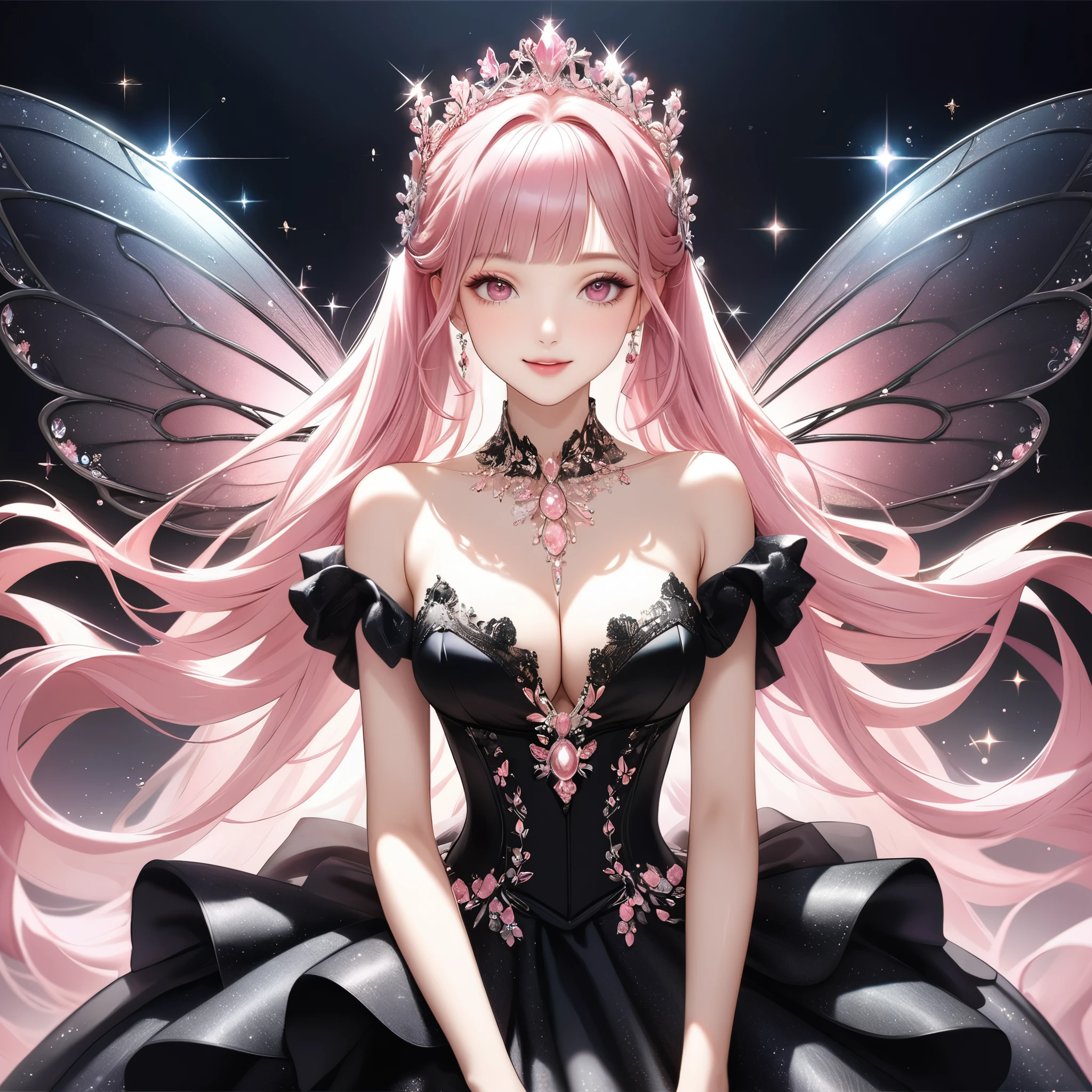 (8K, masutepiece, Highest Quality, Best Quality, Official art, Breathtaking beauty and aesthetics, A highly detailed, The best masterpiece in history that exceeds limits, Breathtaking and beautiful lighting:1.2), (1 Girl, Solo), (), (Beautiful detailed face), (shiny white skin), (Beautiful big bust, cleavage:1.3), (Beautiful detailed pink twintails hair, Bangs:1.3), (beautiful detailed drooping pink eyes:1.5), (Beautiful Luxurious black Princess Dress es, black See-through intricate lace, black cute bow ribbon, a lot of see-through blackfrill, sheer chiffon material, silver thread, Diamond, black corset), (Beautiful Luxurious Diamonds Tiara), (happy Beautiful Gentle cute innocent smile:1.2), (Attractive, amazing, Beautiful, Elegant, Luxurious, magnifica, Eye-catching, the ultimate beauty, Supreme Beauty, Superlative beauty, Elegant, Beauty, Graceful, Everyone loves it, Beauty that fascinates everyone, Healed, The highest level of complete beauty, cute like an idol, Stylish like a fashion model, Goddess-like grace, Be loved, adolable, Look at the camera, cute pose, Happy), breathtaking scenery, (ultra detailed realistic Breathtakingly beautiful Luxurious Kaleidoscope:1.2), (Sparkling effect:1.5), (Beautiful fantastic black fairy wings:1.3)