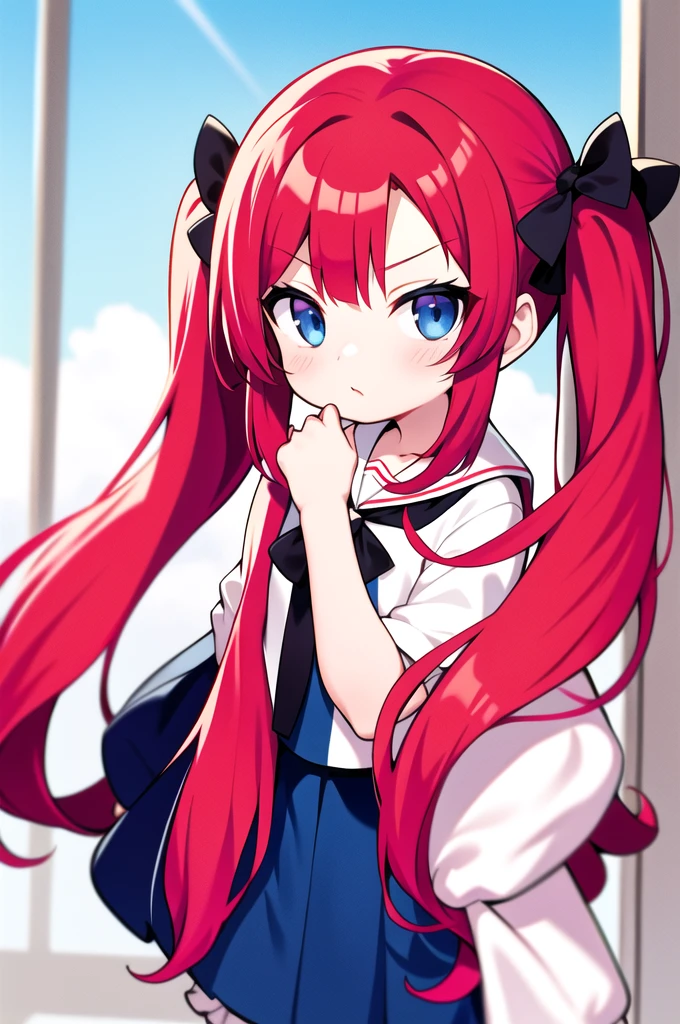 Red hair, blue eyes, long hair,  loli,twintails,sassy ，cheey ，mesugaki,