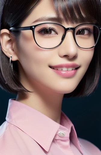 (masterpiece), (8k, best quality, high resolution), (ultra-detailed, realistic), (anatomically correct),
((face close-up)), (Standing), (No background),
(1woman), (looking at viewer),
(A Japanese woman, 30 years old and 155cm tall.),
(black hair), (straight hair), (short hair style), (bob cut), (hair behind ears),
(wear glasses), ((black cell frame glasses)),
((Wear a pink business shirt)),
(Create a detailed image of the eye),
(Her impression is pure, clean and kind.),
((A captivating smile, just showing a few teeth.)),