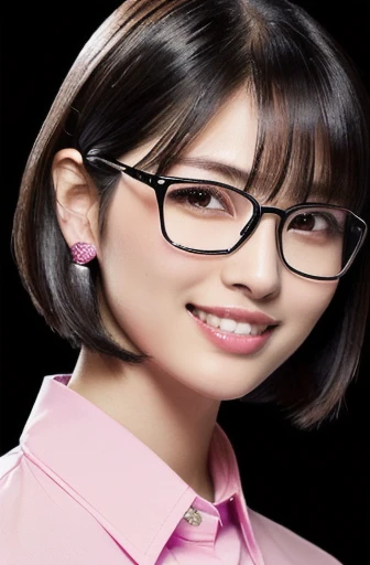 (masterpiece), (8k, best quality, high resolution), (ultra-detailed, realistic), (anatomically correct),  
((face close-up)), (Standing), (No background),
(1woman),  (looking at viewer), 
(A Japanese woman, 30 years old and 155cm tall.), 
(black hair), (straight hair), (short hair style), (bob cut), (hair behind ears), 
(wear glasses), ((black cell frame glasses)), 
((Wear a pink business shirt)), 
(Create a detailed image of the eye), 
(Her impression is pure, clean and kind.), 
((A captivating smile, just showing a few teeth.)), 　 
