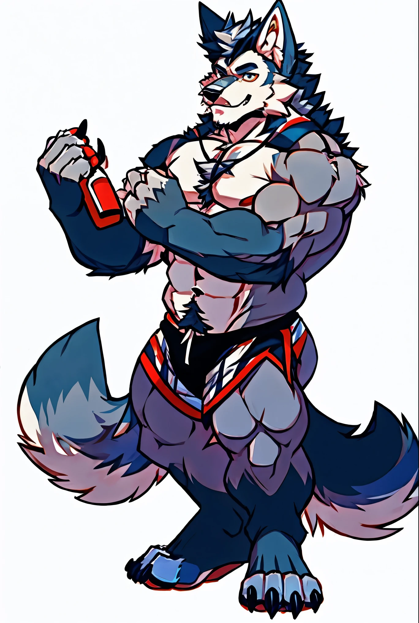 Human-wolf，musculous，Hairy all over，clawed paws，erect through