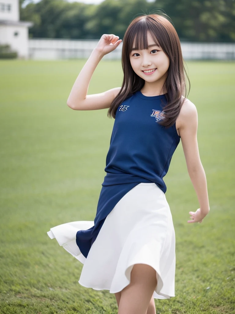 (masterpiece, highest quality:1.4), Award-winning portraits, 8k, 85mm, alone, Beautiful Face, Delicate girl,  (Cheerleader、On the grass), Sophisticated, cute, 15 years old, RAW Photos, Confused, High resolution, Sharp focus, Background blur、(((Flat  、thin and delicate body、Childish atmosphere)))、shiny semi-long hair、ponytail、Mole on the left cheek、 Dark blue eyes、High Kick、the skirt is swaying in the wind、Hair swaying in the wind、sexy、Flexible legs