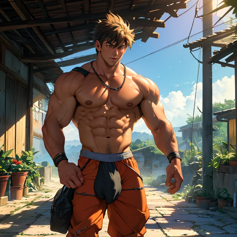 Libido boy，fisiculturista, de sunga branca, Big bag，CG sense，8K,Cinematic lighting effects，Textured skin，best qualtiy，Storytelling images，Storytelling images，dynamic blur, anjo, cenario iluminado, In the morning, nas nuvens, bulge, goku