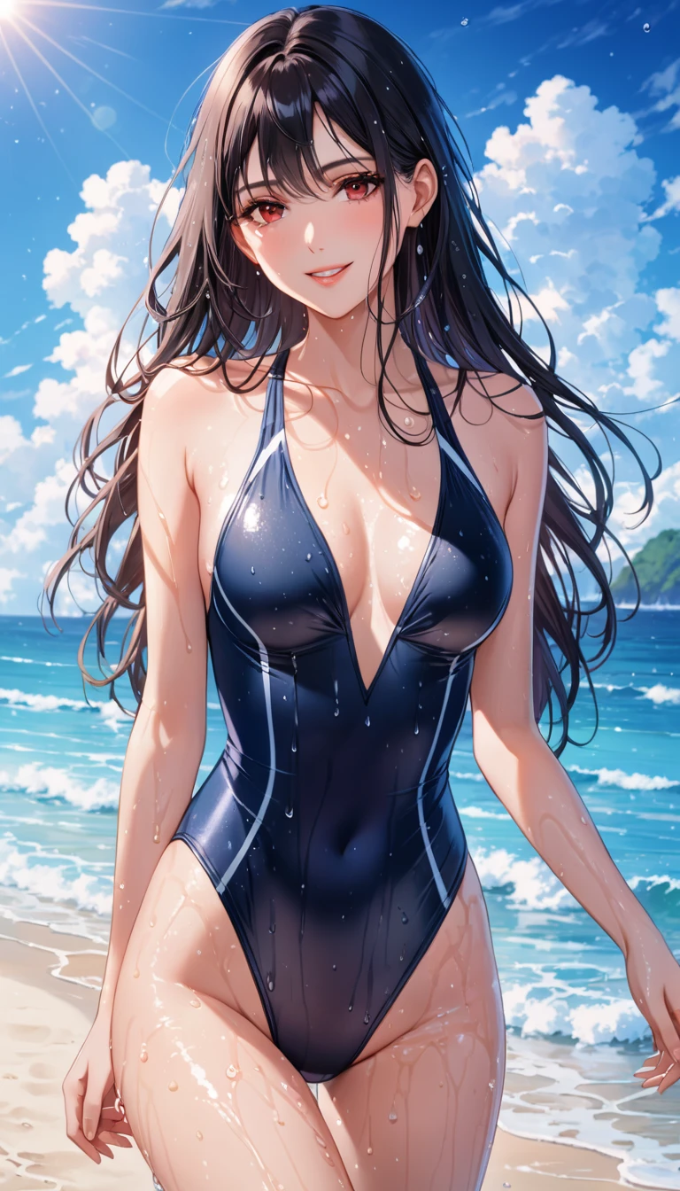 best quality,masterpiece, an extremely delicate and beautiful, CG,extremely detailed ,highres, extremely detailed,depth of field, 1girl,beautiful detailed girl,black_hair, long_hair, beautiful detailed red eyes,(makeup:1.2),light on face,(seductive smile:1.2),medium breasts,(thigh),(wet skin:1.5),(one-piece swimsuit:1.2),hot,blue sea, blue sky, Beach,(cowboy shot:1.2)