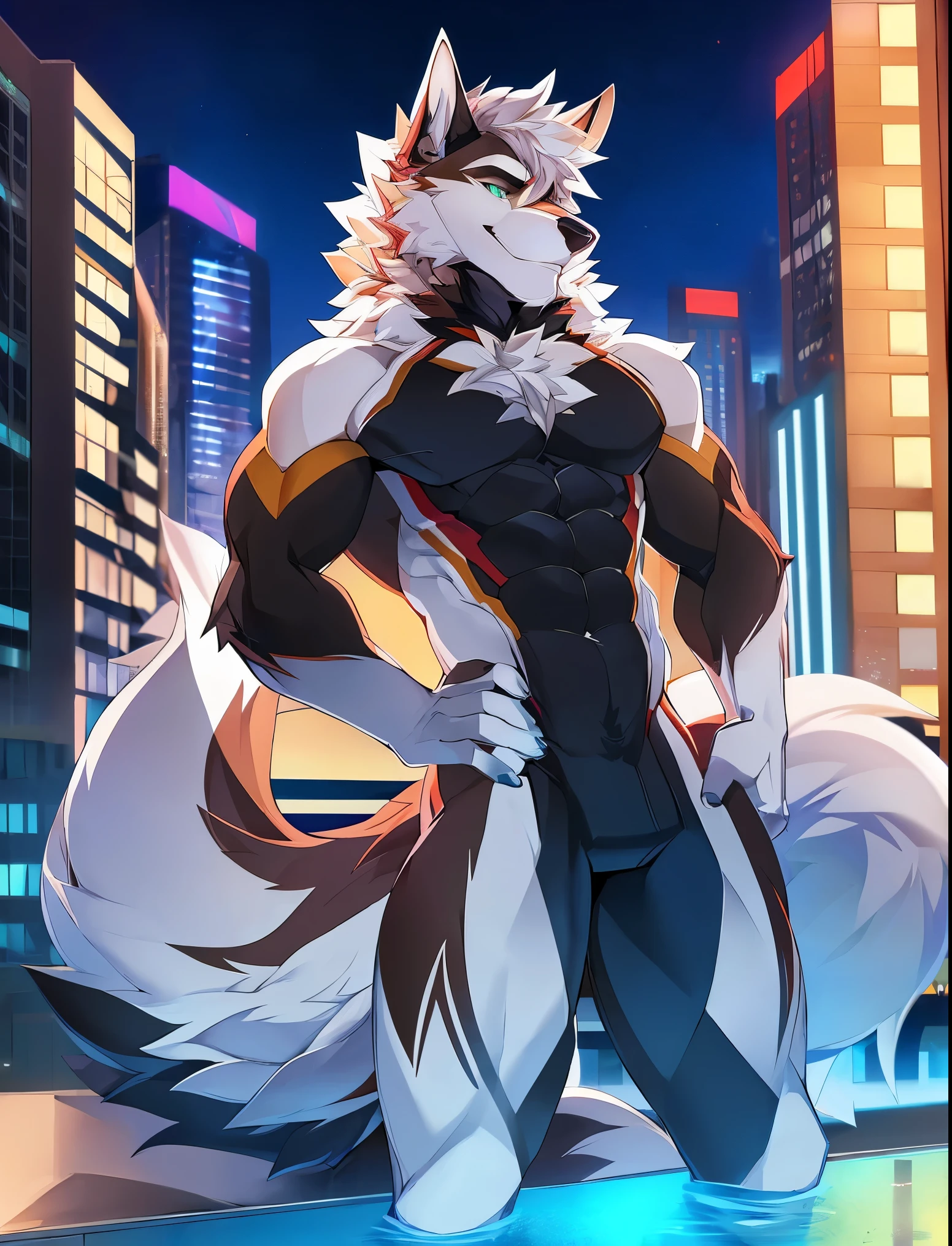 ((Solo)), male people, anthro wolf, (Multi-colored fur, White tail pointed), (Height 3meters,Tail length 2meters), Abs, pinginuscular, A long big tail, by patto, modern city