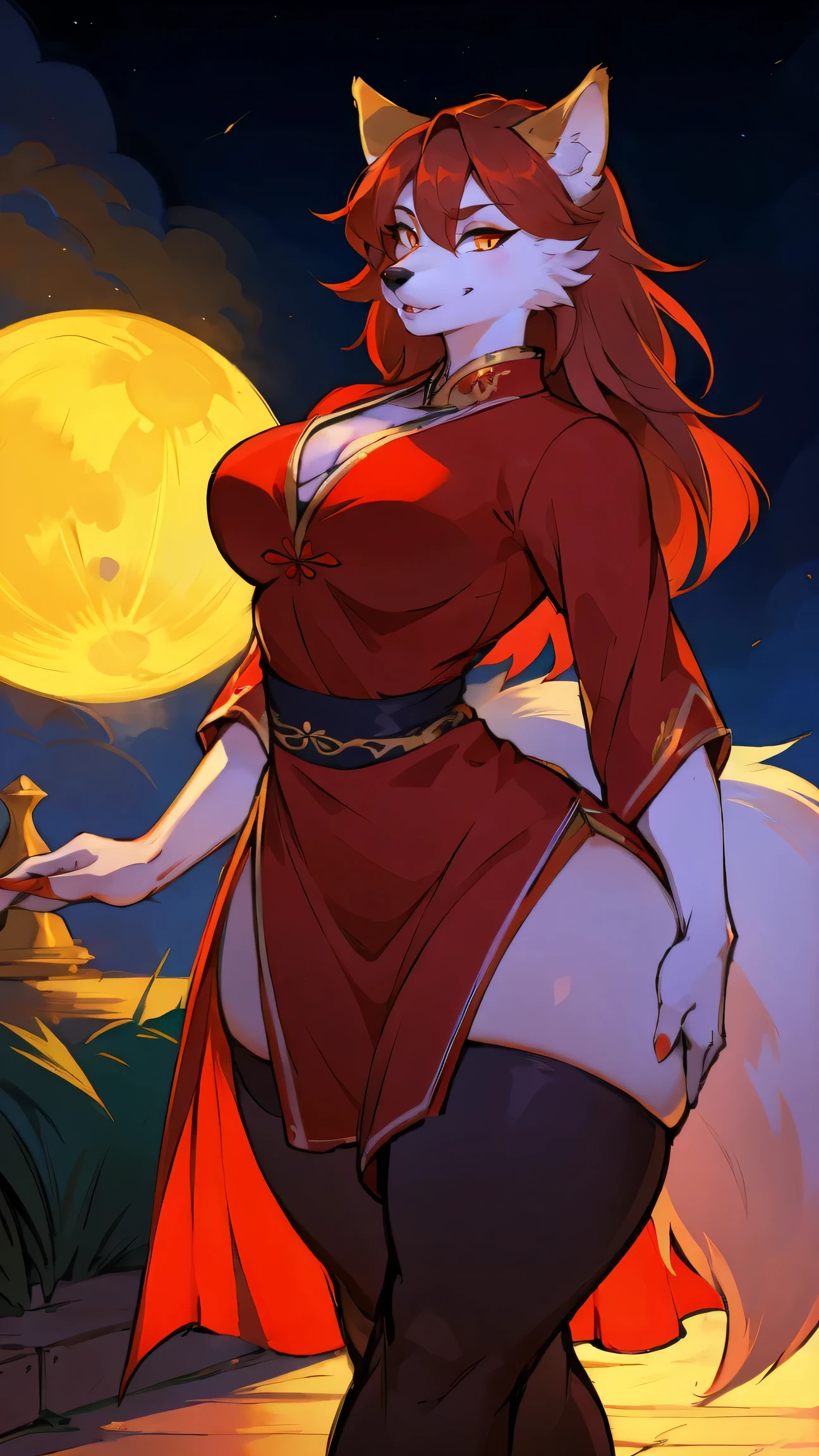 (best quality,4K,8k,high resolution,masterpiece:1.2),Ultra Detailed,(Practical,photoPractical,photo-Practical:1.37),Red Eyes,hairy,Wolf Girl,(fair/Delicateeyes:1.1),female face,Long eyelashes,(Red clothes:1.1),(qipao,cheongsam:1.1),Flowing chiffon,(jewelry/Accessories:1.1),Well-proportioned body,(Thick thighs:1.1),Inspired by Luna,(Reasonable structure:1.1)