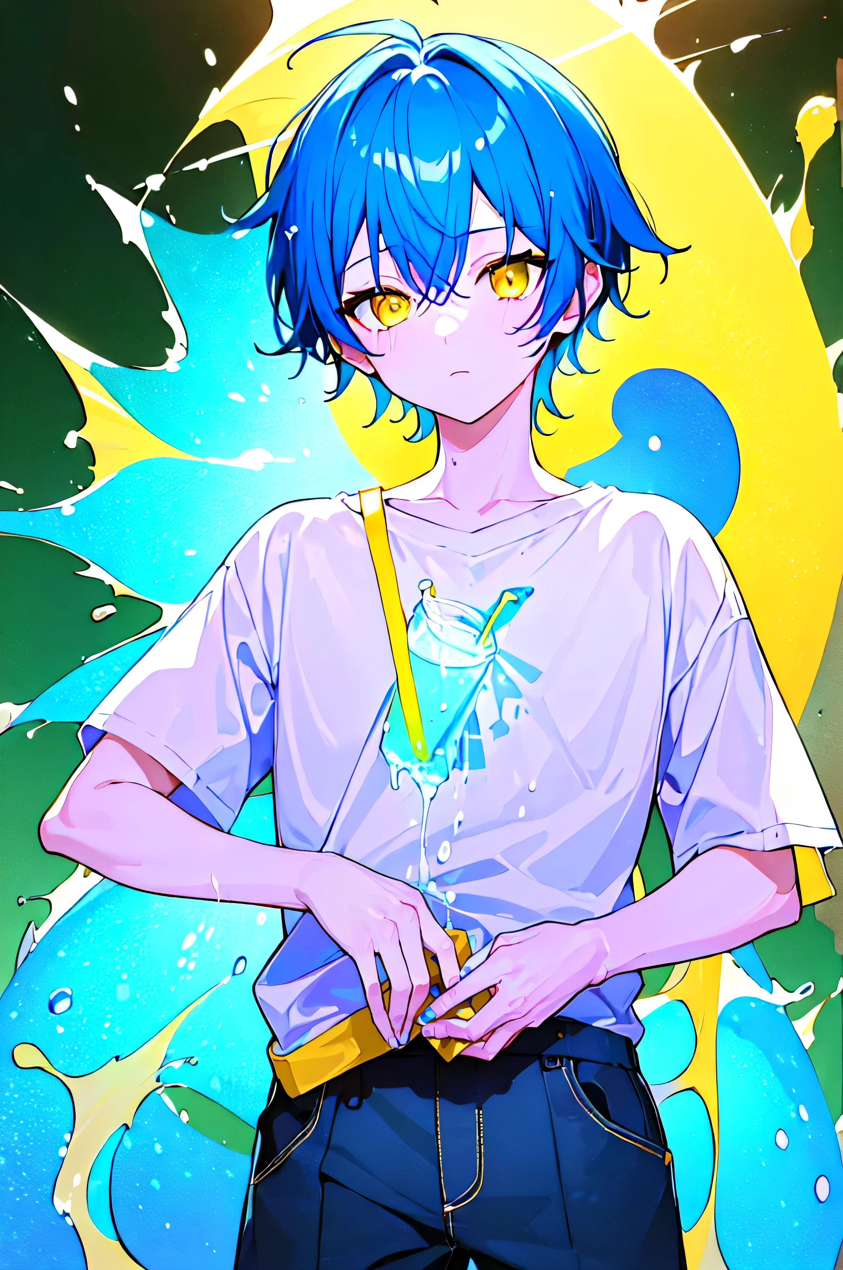 [(SUMMER BACKGROUND:1.5),::5], ((((masterpiece)))), high quality, very_high_resolution, large_filesize, upper body, full color, ((Solo)), ((younger boy)), 13 old year, short deepblue hair, vivid color, ((yellow eye)), Summer modern clothes white, animestyle, (Neon Soda Splash effect:1.3)