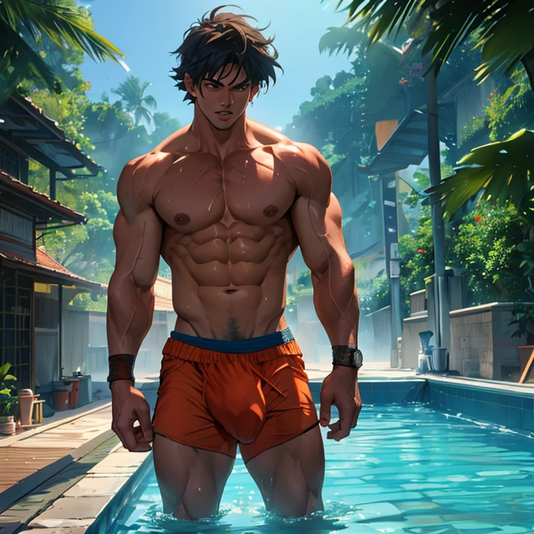 Libido boy,fisiculturista, de sunga transparente branca, Big bag,CG sense,8K,Cinematic lighting effects,Textured skin,best qualtiy,Storytelling images,Storytelling images,dynamic blur, bulge, pool party, goku