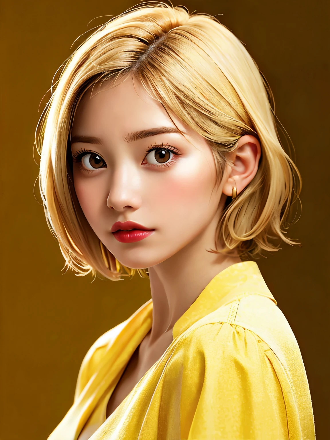 Realistic photo of a beautiful woman, 1 girl, solo, cynical face, short hair, blonde hair, simple background, brown eyes, parted lips, bold lips, portrait, yellow background, realistic, soft lighting, Professional photography, Photorealistic, detail , RAW, analog, sharp focus,.8k, HD, high.quality, .masterpiece