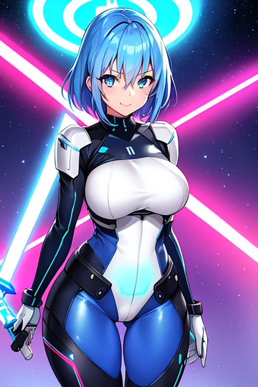 1girl, blue hair, very short hait, blue eyes, light skin, light-skinned female, hourglass figure, large breasts, lightsaber, sword, standing, full body, ((full_body)), pilot suit, bodysuit, white bodysuit, neon, neon trim, neon light, machinery, futuristic, smile, science-fiction, tech,