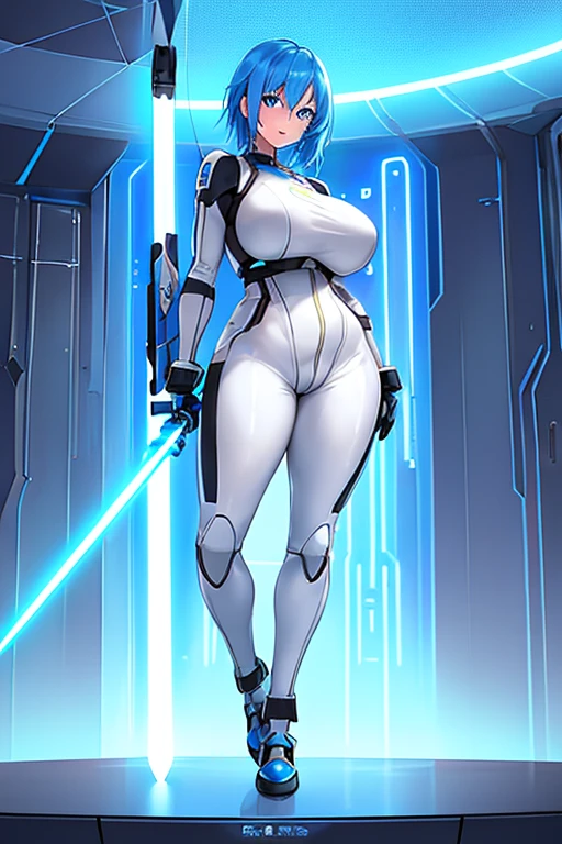 1girl, blue hair, very short hait, blue eyes, light skin, light-skinned female, hourglass figure, large breasts, lightsaber, sword, standing, full body, ((full_body)), pilot suit, bodysuit, white bodysuit, neon, neon trim, neon light, machinery, futuristic, smile, science-fiction, tech,