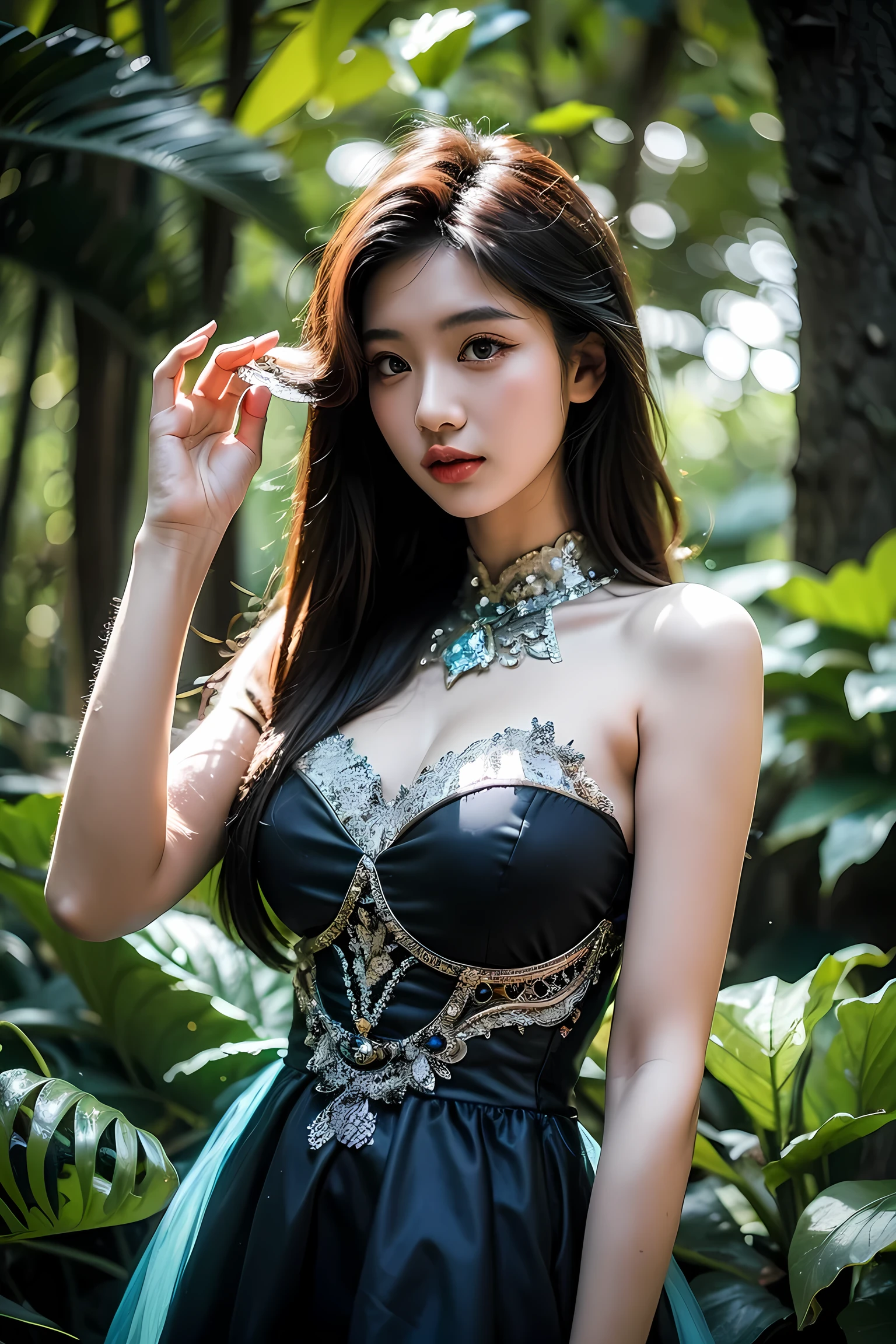 20 years old girl wear Fantasy dress in the Magic Forest , realistic, best quality, depth_of_field