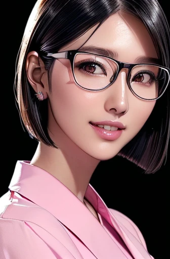 (masterpiece), (8k, best quality, high resolution), (ultra-detailed, realistic), (anatomically correct),
((face close-up)), (Standing), (No background),
(1woman), (looking at viewer),
(A Japanese woman, 30 years old and 155cm tall.),
(black hair), (straight hair), (short hair style), (bob cut), (hair behind ears),
(wear glasses), ((black cell frame glasses)),
((Wear a pink business shirt)),
(Create a detailed image of the eye),
(Her impression is pure, clean and kind.),
((A captivating smile, just showing a few teeth.)),