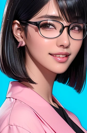 (masterpiece), (8k, best quality, high resolution), (ultra-detailed, realistic), (anatomically correct),
((face close-up)), (Standing), (No background),
(1woman), (looking at viewer),
(A Japanese woman, 30 years old and 155cm tall.),
(black hair), (straight hair), (short hair style), (bob cut), (hair behind ears),
(wear glasses), ((black cell frame glasses)),
((Wear a pink business shirt)),
(Create a detailed image of the eye),
(Her impression is pure, clean and kind.),
((A captivating smile, just showing a few teeth.)),