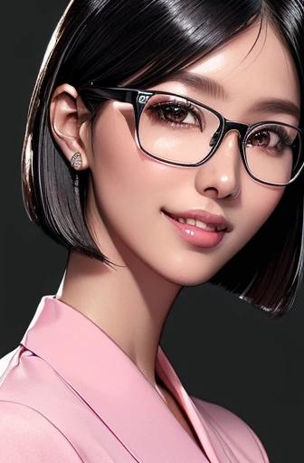 (masterpiece), (8k, best quality, high resolution), (ultra-detailed, realistic), (anatomically correct),
((face close-up)), (Standing), (No background),
(1woman), (looking at viewer),
(A Japanese woman, 30 years old and 155cm tall.),
(black hair), (straight hair), (short hair style), (bob cut), (hair behind ears),
(wear glasses), ((black cell frame glasses)),
((Wear a pink business shirt)),
(Create a detailed image of the eye),
(Her impression is pure, clean and kind.),
((A captivating smile, just showing a few teeth.)),