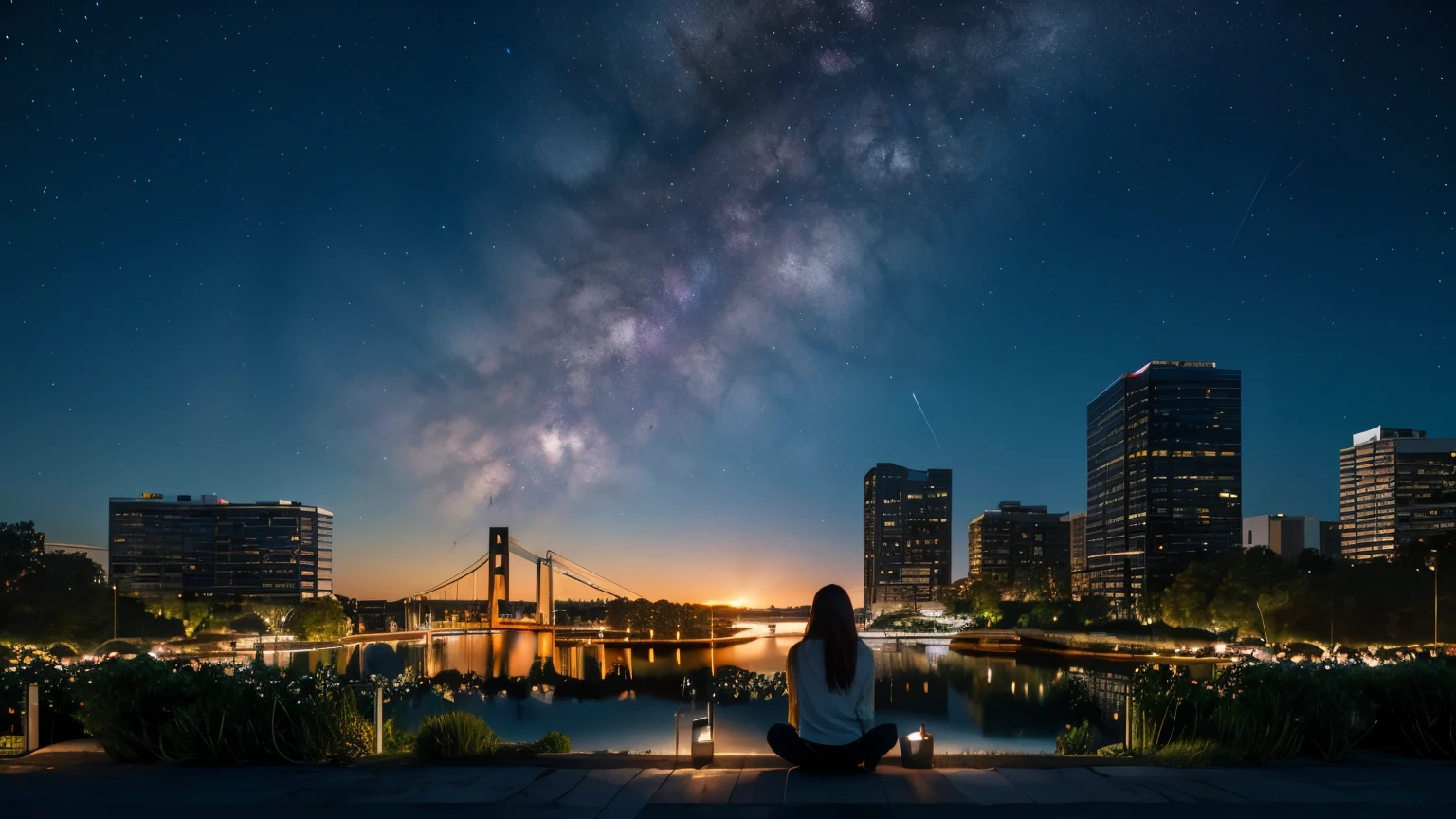 Octane, null, star (null), scenery, starry null, night, One girl, night null, alone, Outdoor, signature, building, cloud, milky way, Sitting, Size Tree, bird，Long Hair, city, silhouette, cityscape