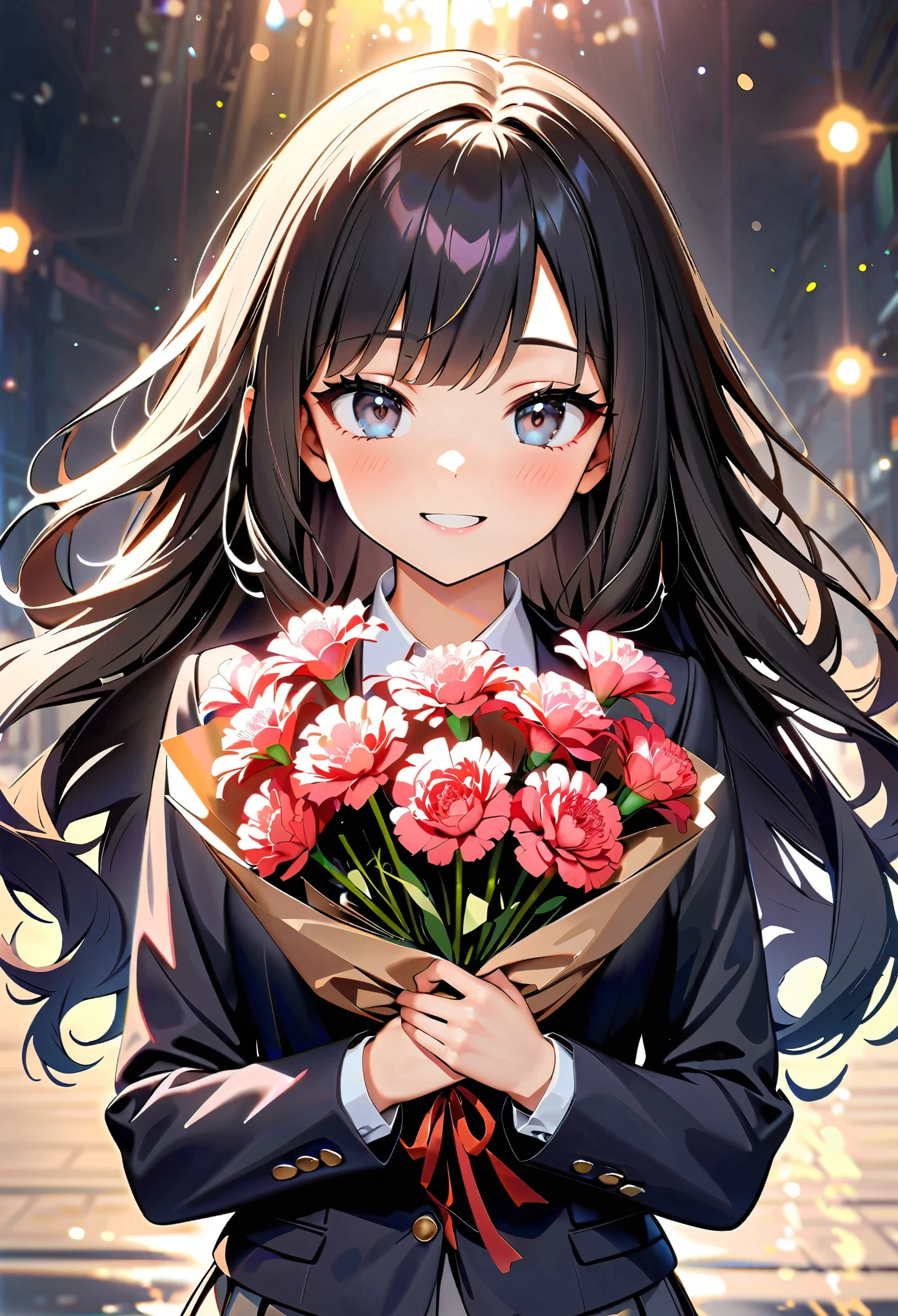 (highest quality:1.2, Very detailed, Ultra-high resolution, masterpiece:1.2, highest quality, Best aesthetics), (((1 girl))), Beautiful woman, , jk, blazer, Collared shirt with red ribbon, Pleated skirt, (Black Hair, Long Wavy Hair, Silver Eyes, Spread your arms), Reflection of light, translucent, Fascinating, smile, Watery eyes, Detailed eyes, Delicate, dream-like, Surreal, ((Bouquet of carnations)), Soft Light, Elegant gestures, Shallow depth of field, Bokeh:1.2.