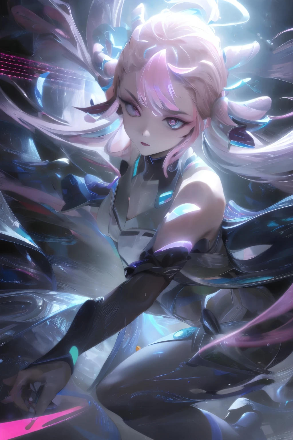 Cyberpunk, Pink Hair, Futurism, Surreal, Ultra wide angle, Wide-angle lens, look up, Dynamic Movement, expressive, Energetic, Sacred Edge of Cinema, Laser holographic pictures