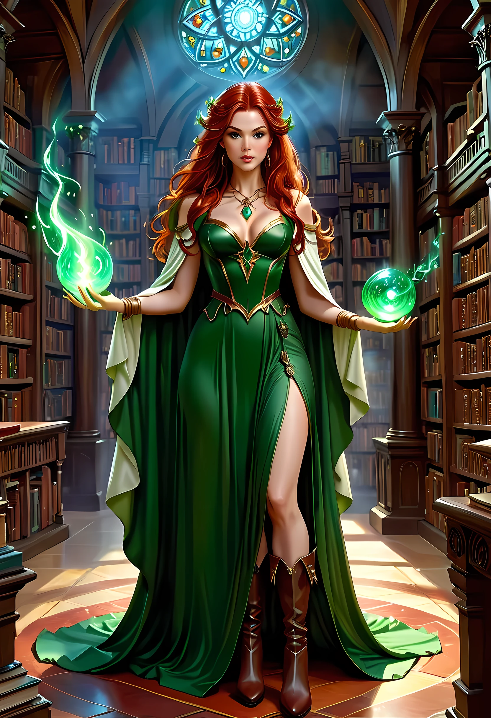 high details, best quality, 16k, [ultra detailed], masterpiece, best quality, (extremely detailed), full body, ultra wide shot, julie bell style (ultra details, Masterpiece, best quality), fantasy art, dnd art,fantasy art, realistic art, a sorceress casting a DruidMagicAI spell in magical library (ultra details, Masterpiece, best quality), exquisite beautiful human woman (ultra details, Masterpiece, best quality), red hair, long hair, (long green dress: 1.2), (white cloak: 1.3), high heeled boots (ultra details, Masterpiece, best quality) DruidMagicAI