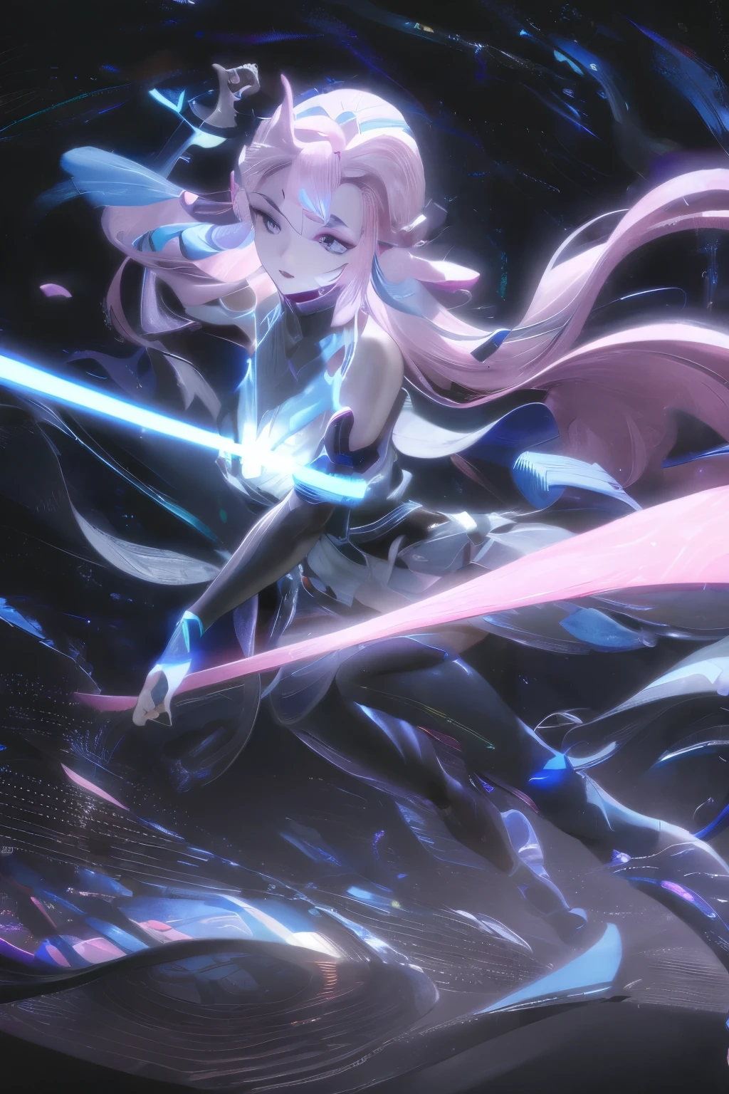 Cyberpunk, Pink Hair, Futurism, Surreal, Ultra wide angle, Wide-angle lens, look up, Dynamic Movement, expressive, Energetic, Sacred Edge of Cinema, Laser holographic pictures