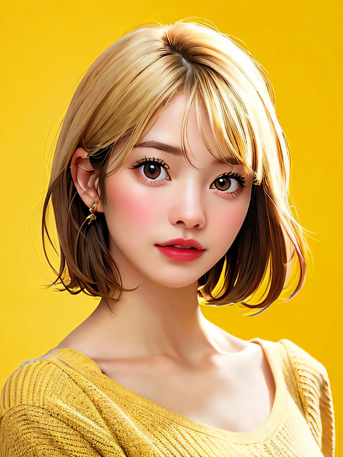 Realistic photo of a beautiful woman, 1 girl, solo, cynical face, short hair, blonde hair, simple background, brown eyes, parted lips, bold lips, portrait, yellow background, realistic, soft lighting, Professional photography, Photorealistic, detail , RAW, analog, sharp focus,.8k, HD, high.quality, .masterpiece