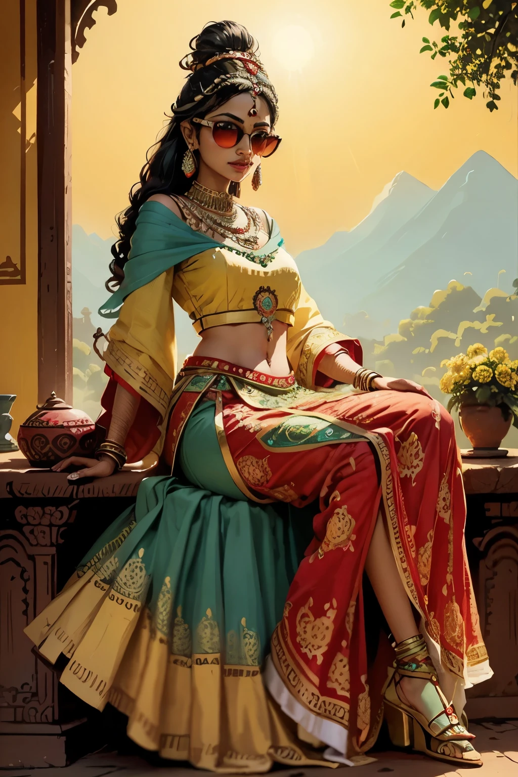 Title: "Quirky Indian Queen in a Colorful Canvas: A Backlit Splendor"
Bask in the radiant beauty of this high-quality painting illustration showcasing a quirky Indian woman adorned in an enchanting lehenga blouse. This traditional Indian outfit is a kaleidoscope of vibrant colors, glittering with intricate embroidery details that pop against the plain background. The woman's relaxed posture exudes confidence and charm as she dons stylish sunglasses, adding a modern and playful touch to her ethnic attire.
To further accentuate her allure, the painting masterfully employs backlighting