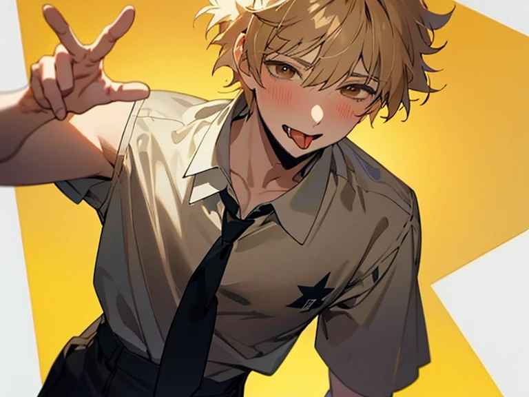 1 boy, guy, handsome, 16 years old, close up photo,standing, Short hair, tongue out,blonde hair, messy hair, handsome,school t-shirt uniform, black trousers,brown eyes, ultra detail, ultra HD, masterpiece, best quality, honey dripping down his face, blond hair, brown eyes, , blue tie, tongue out, peace sign