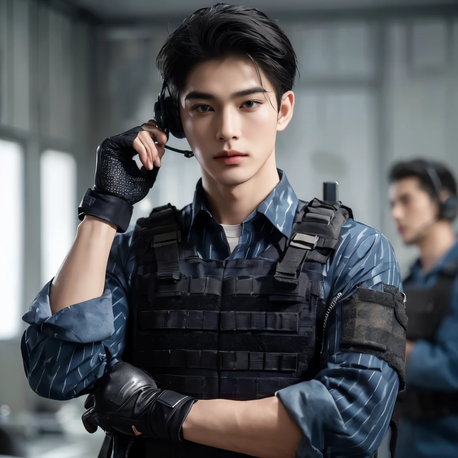 ((highest quality, 8K, masterpiece: 1.3))、a 25 year old young male soldier, close-cropped black hair, wearing navy blue camouflage clothes, wearing a bulletproof vest, wearing black gloves, looks like an Asian, dashing pose, wearing a headset over his ears, background at army headquarters, high quality, realistic, perfect body shape