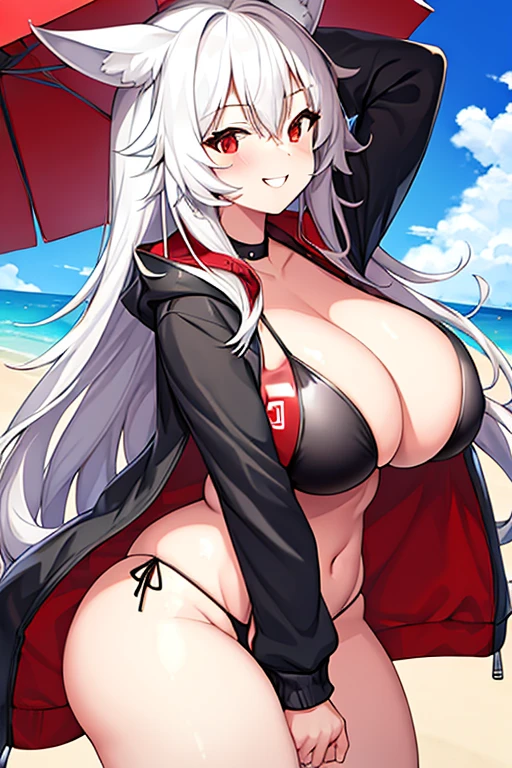 1girl, wolf ears, black bikini, red jacket, bikini, highleg bikini, jacket, red eyes, white hair, long hair, large breasts, thick thighs, smile, hourglass figure, beach