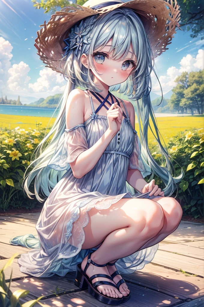 flat chest,small brests,(masterpiece, best quality, extremely detailed, absurdres)),masterpiece, best quality, extremely detailed ,(((( light blue long hair)))),,10 years old, long hair ((blush)) , cute face,masterpiece, best quality, (Amazing,beautiful dehighest quality、High resolution、Detailed Background、Beautiful face in every detail、Anatomically correct、Detailed facial expressions、Teenage beauty、、Perfect body line、Bobcut、Long Hair、1girl, Floral summer dress, Strappy sandals, Straw hat, Picnic park background, best quality, masterpiece, ultra high res