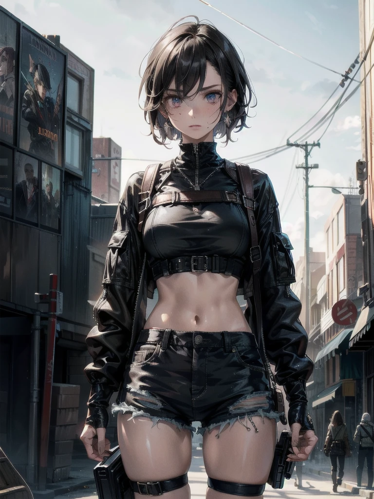 whole body, gunman attire, post apocalyptic desert city, absurdres, RAW photo, extremely delicate and beautiful, masterpiece, Best Quality, ultra high resolution, 32k, hyperrealistic, ultra-detailed, detailed description, pale skin, 20 years old, detailed beautiful face and eyes, tearful mole, earring, Colossal tits, short medium hair, wavy hair, midriff, shorts,